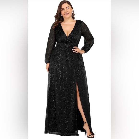 Ever-Pretty Women's Glitter A Line High Slit V-Neck Plus Size Formal Gown - Picture 1 of 4